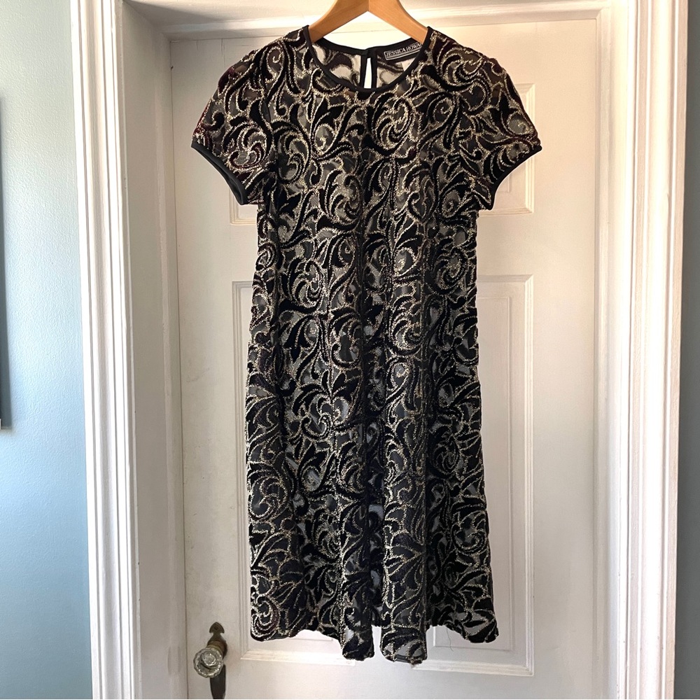 Vintage Jessica Howard Black Sheer A-Line Dress Gold Metallic Size 4